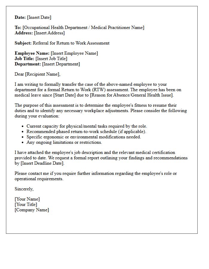 Return to Work Assessment Transfer Letter