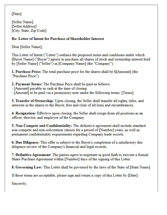 Letter Of Intent For Departing Partner Shareholder Buyout