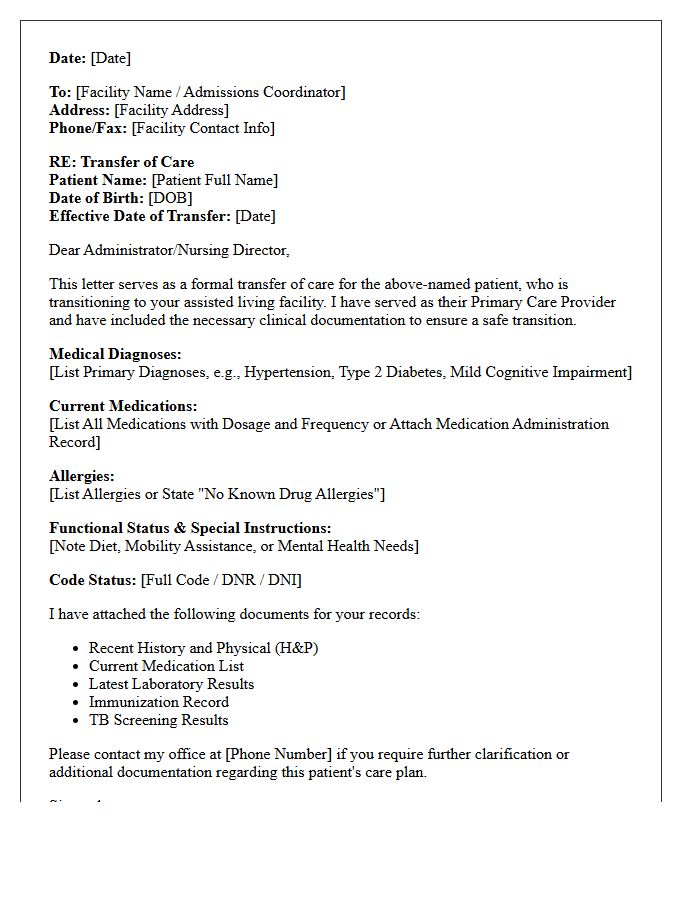 Primary Care Transfer of Care Letter to Assisted Living Facility