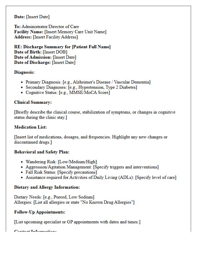 Geriatric Clinic Discharge Letter to Memory Care Unit
