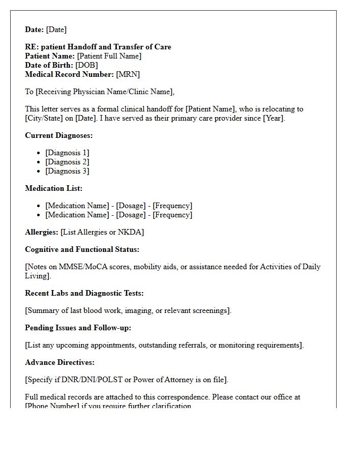 Medical Clinic Handoff Letter for Geriatric Patient Relocation