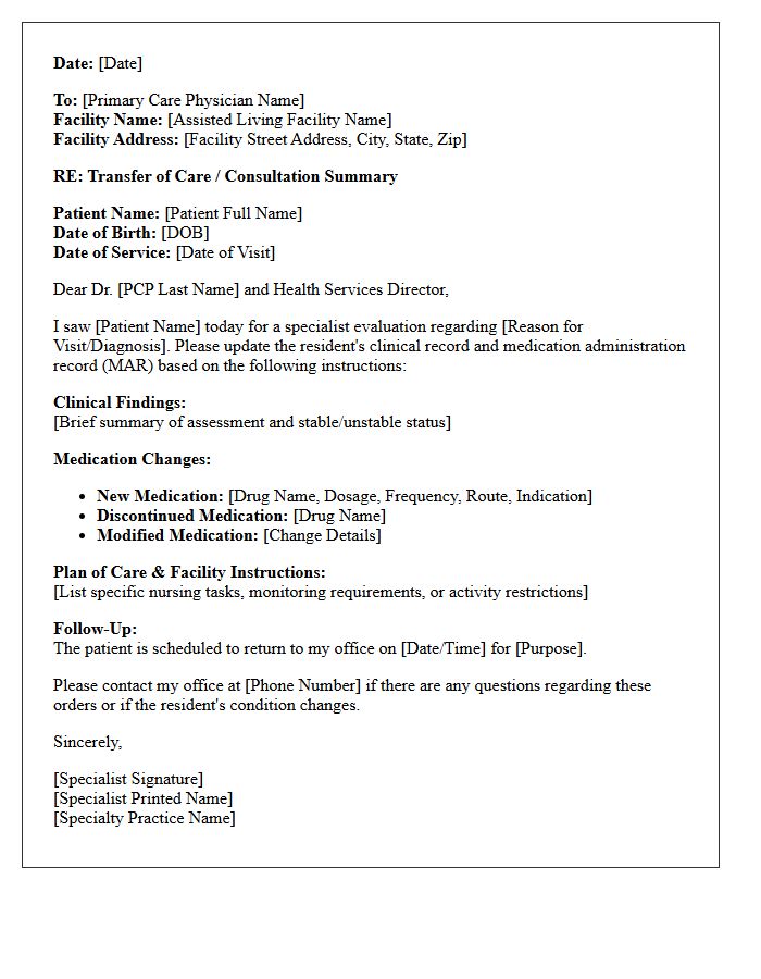 Specialist Transfer of Care Letter for Assisted Living Resident