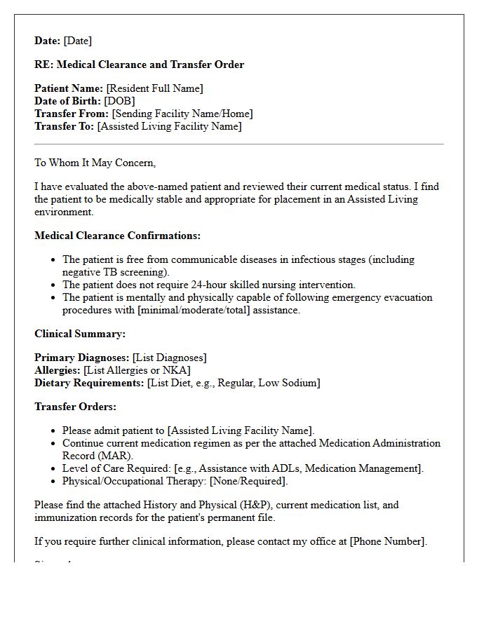 Assisted Living Medical Clearance and Transfer Letter