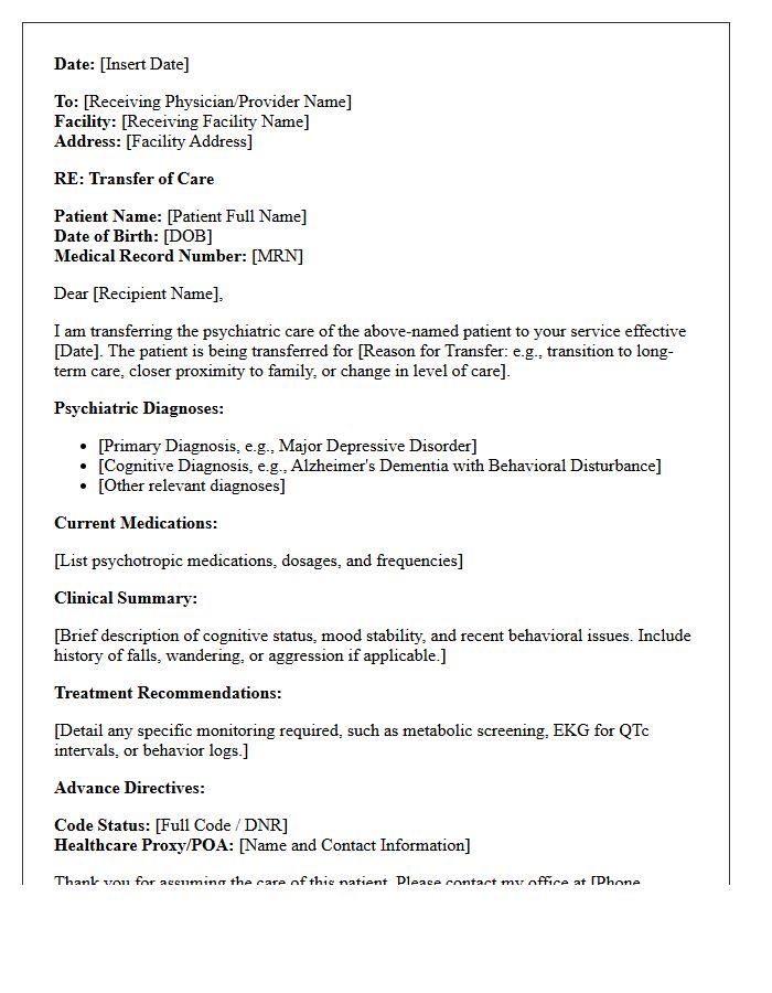Geriatric Psychiatry Transfer of Care Letter