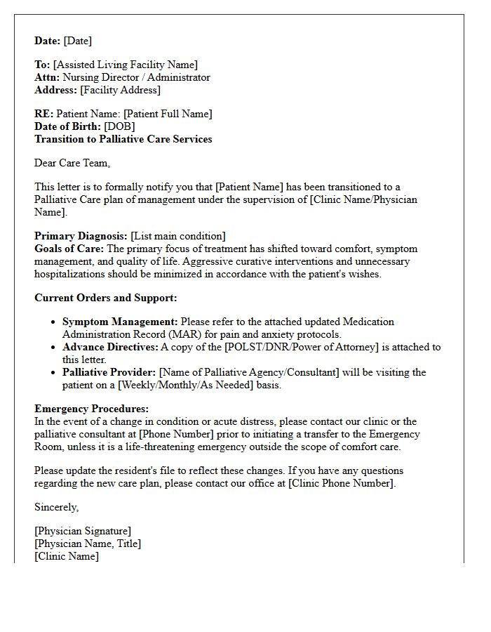 Medical Clinic Palliative Care Transition Letter for Assisted Living