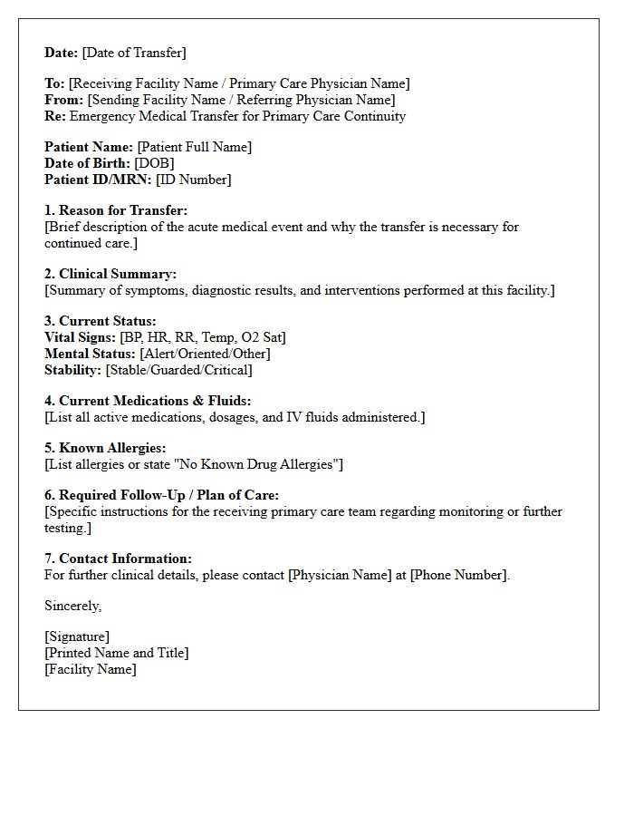 Emergency Medical Transfer Letter for Primary Care Continuity