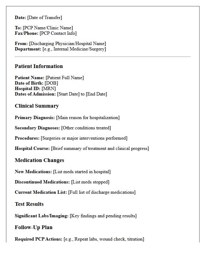 Acute Care to Primary Care Clinical Transfer Letter