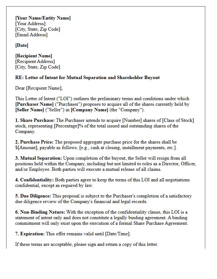 Letter Of Intent For Mutual Separation Shareholder Buyout