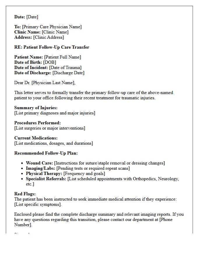 Post-Trauma Primary Care Follow-Up Transfer Letter
