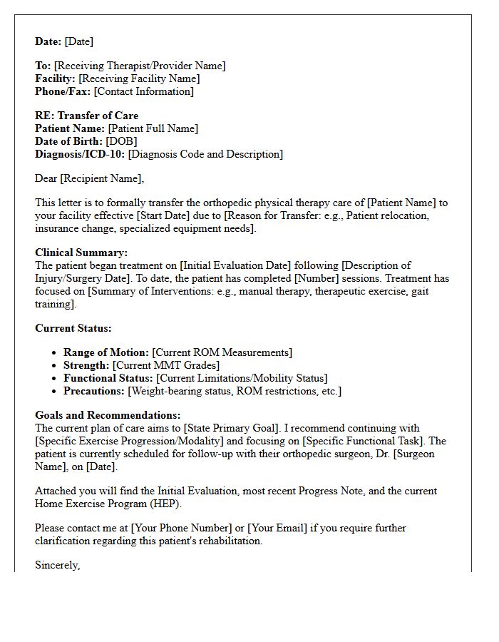 Orthopedic Injury Physical Therapy Transfer of Care Letter