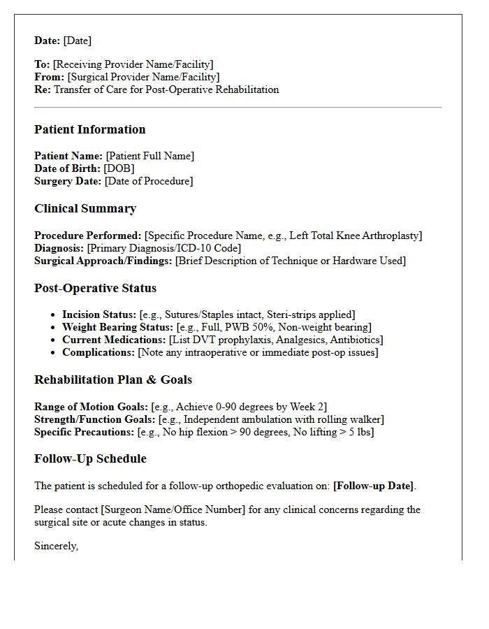 Post-Operative Orthopedic Rehabilitation Transfer of Care Letter