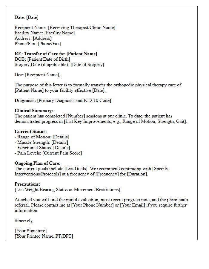 Outpatient Physical Therapy Orthopedic Transfer of Care Letter