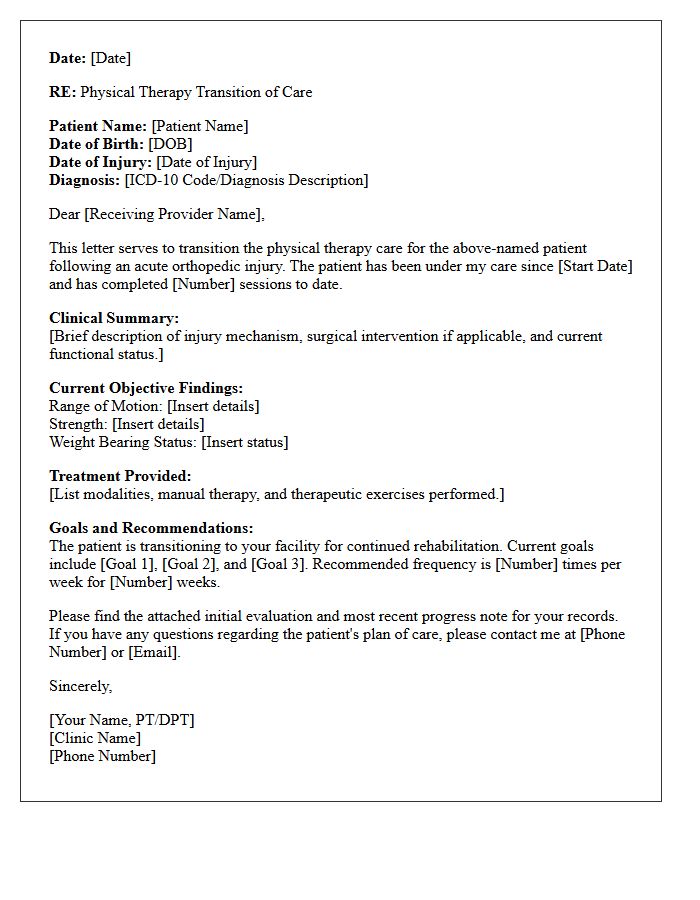 Acute Orthopedic Injury Physical Therapy Transition Letter