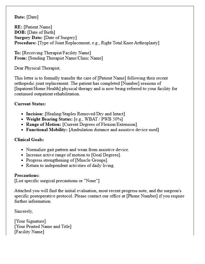 Orthopedic Joint Replacement Physical Therapy Transfer of Care Letter