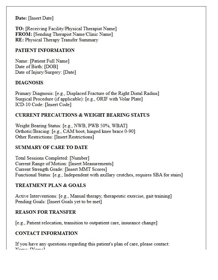 Orthopedic Fracture Recovery Physical Therapy Transfer Letter