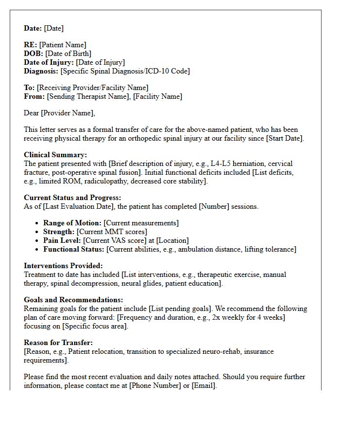 Orthopedic Spinal Injury Physical Therapy Transfer of Care Letter