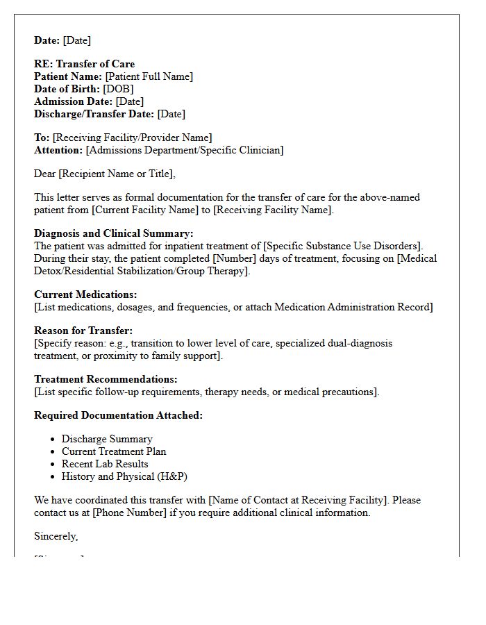 Inpatient Substance Abuse Facility Transfer of Care Letter