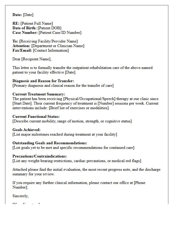 Outpatient Rehabilitation Clinic Transfer of Care Letter