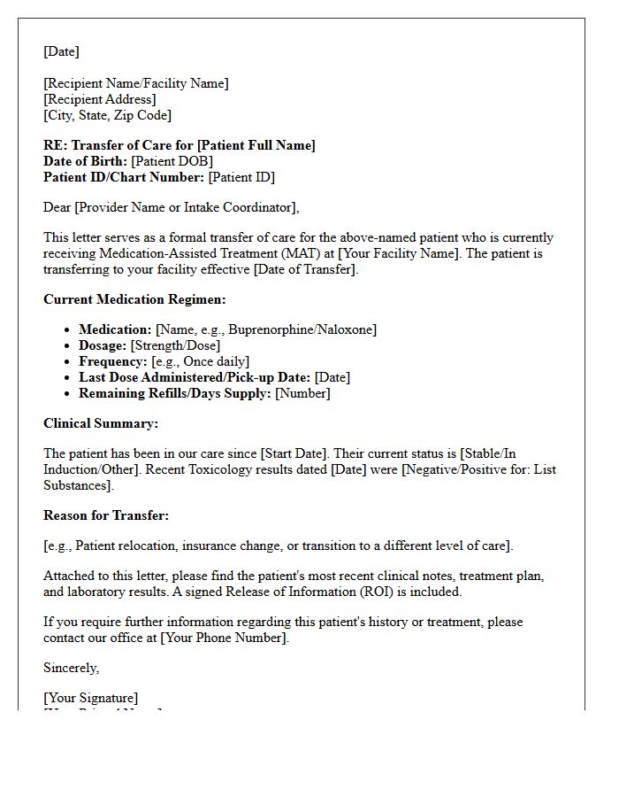 Medication-Assisted Treatment Program Transfer of Care Letter