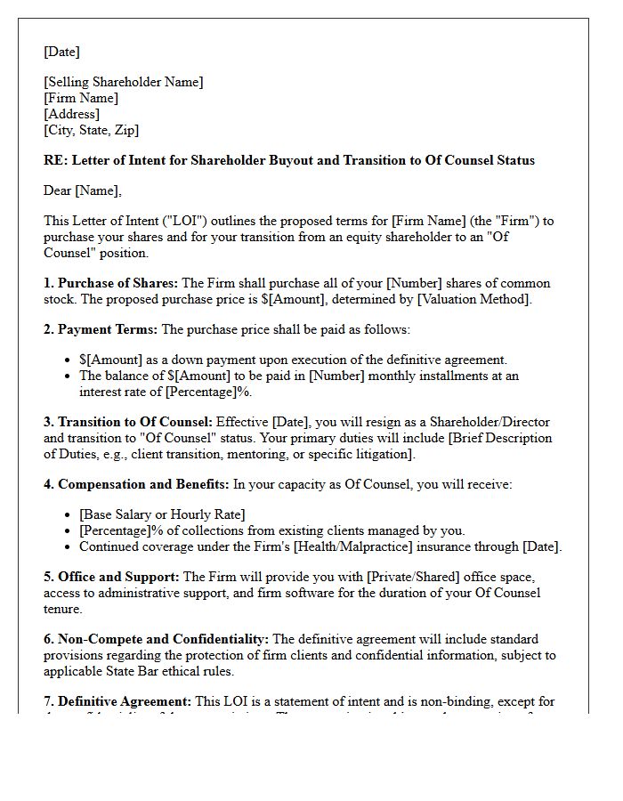 Letter Of Intent For Shareholder Buyout And Of Counsel Transition