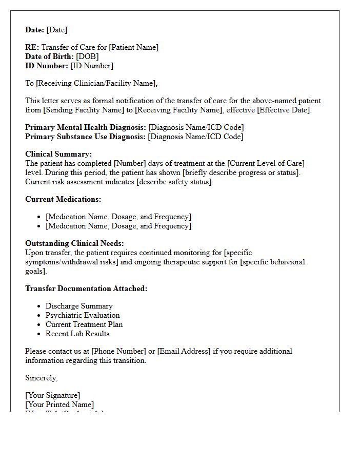 Dual Diagnosis Treatment Center Transfer of Care Letter