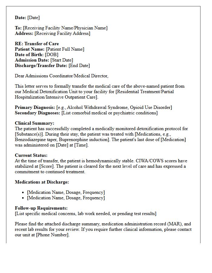 Medical Detoxification Unit Transfer of Care Letter