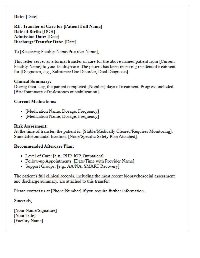 Residential Addiction Treatment Facility Transfer of Care Letter