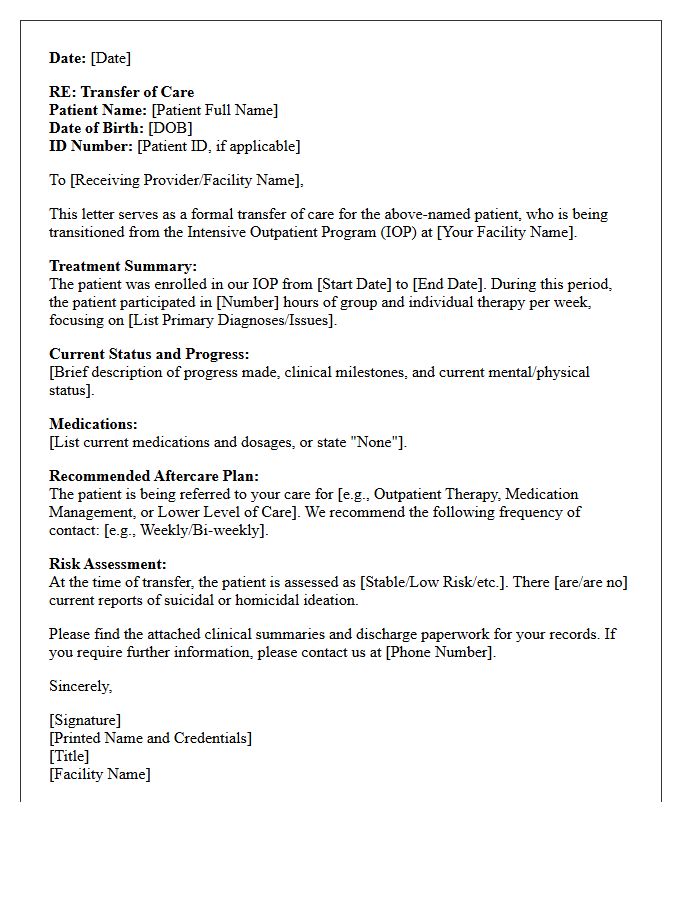 Intensive Outpatient Program Transfer of Care Letter