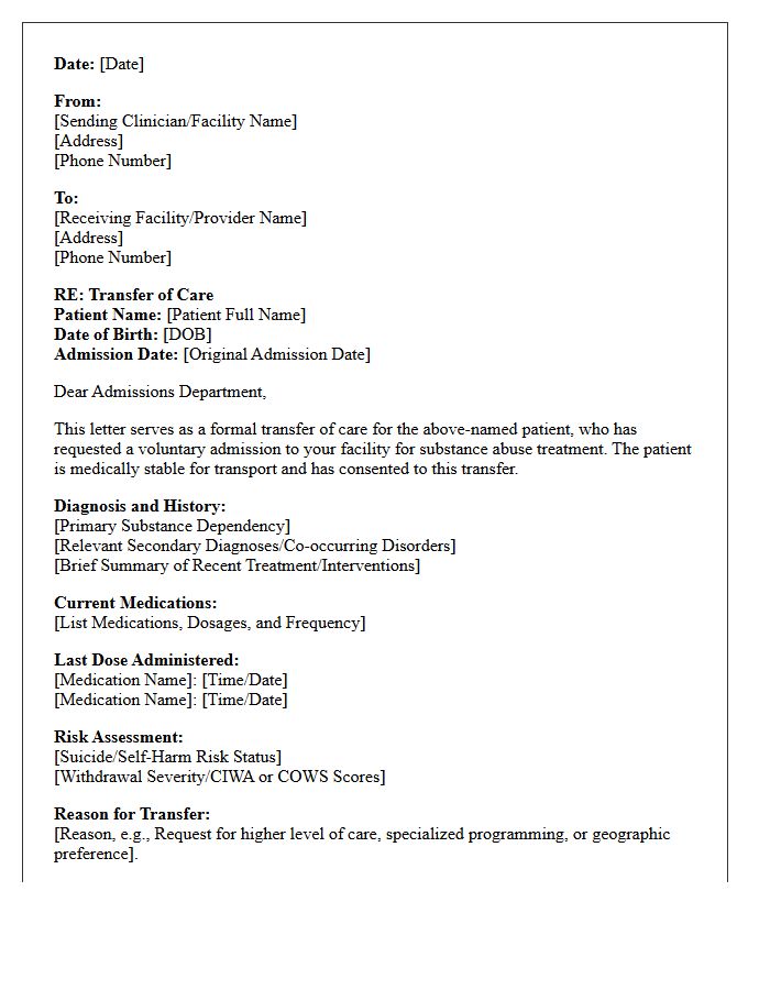 Voluntary Substance Abuse Admission Transfer of Care Letter