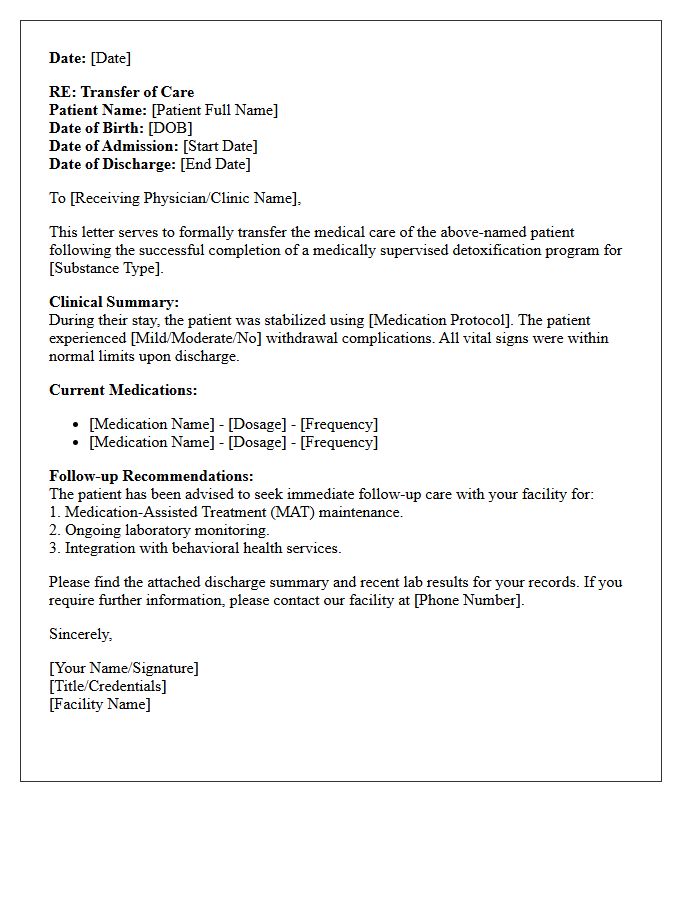 Post-Detoxification Medical Clinic Transfer of Care Letter