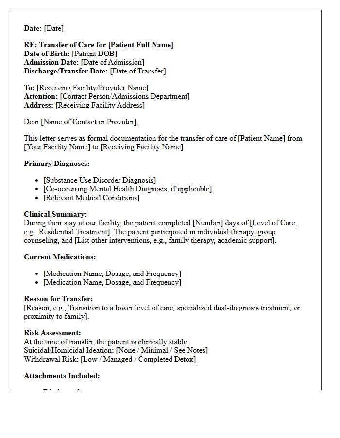 Adolescent Substance Abuse Facility Transfer of Care Letter