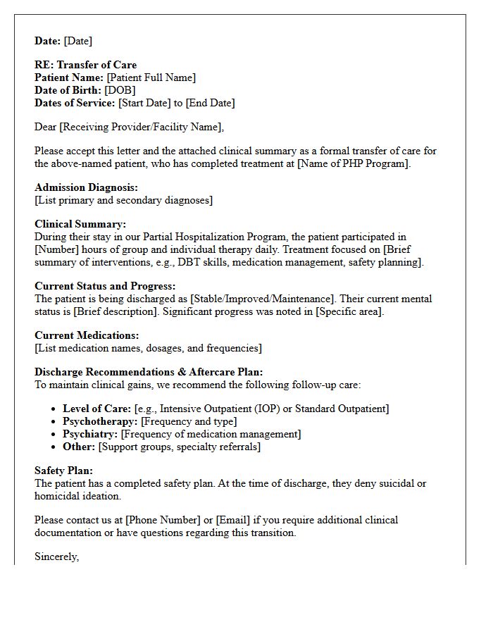 Partial Hospitalization Program Transfer of Care Letter
