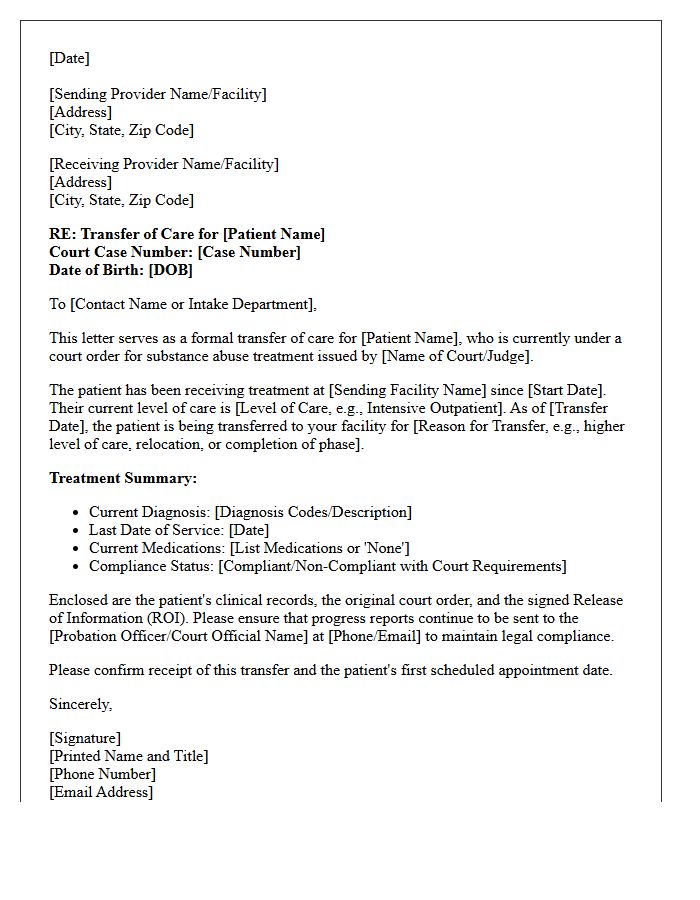Court-Ordered Substance Abuse Treatment Transfer of Care Letter
