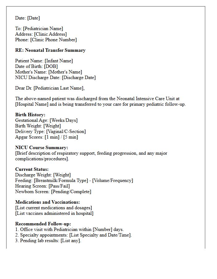 Standard Neonatal Intensive Care Unit to Pediatrician Transfer Letter