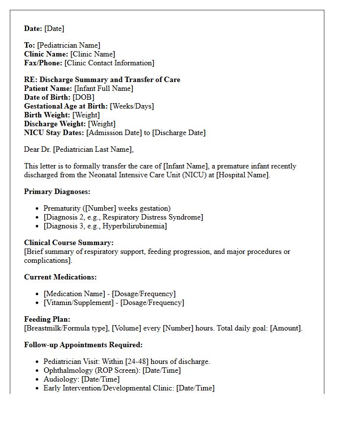 Premature Infant Neonatal Intensive Care Unit to Pediatrician Transfer Letter