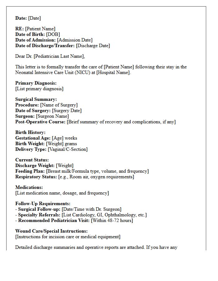 Post-Surgical Neonatal Intensive Care Unit to Pediatrician Transfer Letter
