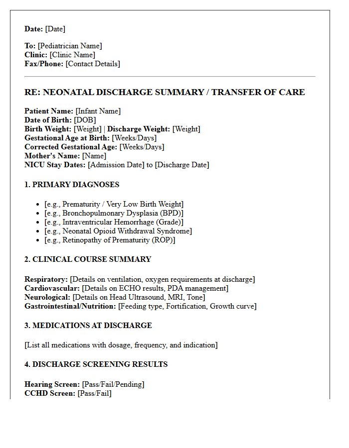 High-Risk Discharge Neonatal Intensive Care Unit to Pediatrician Transfer Letter