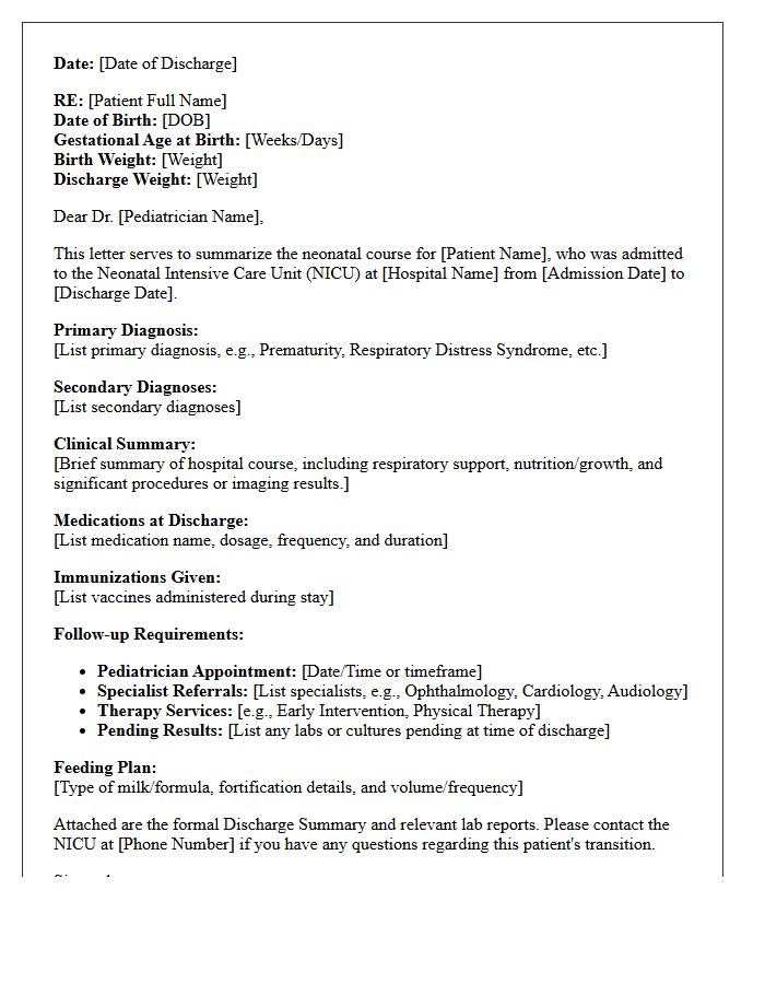 Continuity of Care Neonatal Intensive Care Unit to Pediatrician Transfer Letter