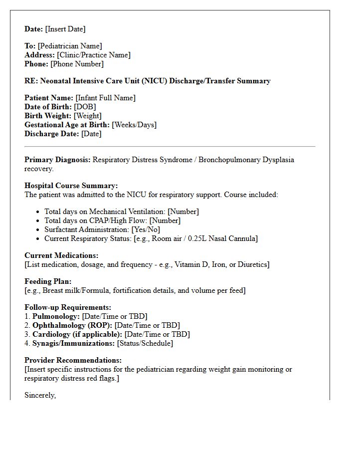 Respiratory Recovery Neonatal Intensive Care Unit to Pediatrician Transfer Letter
