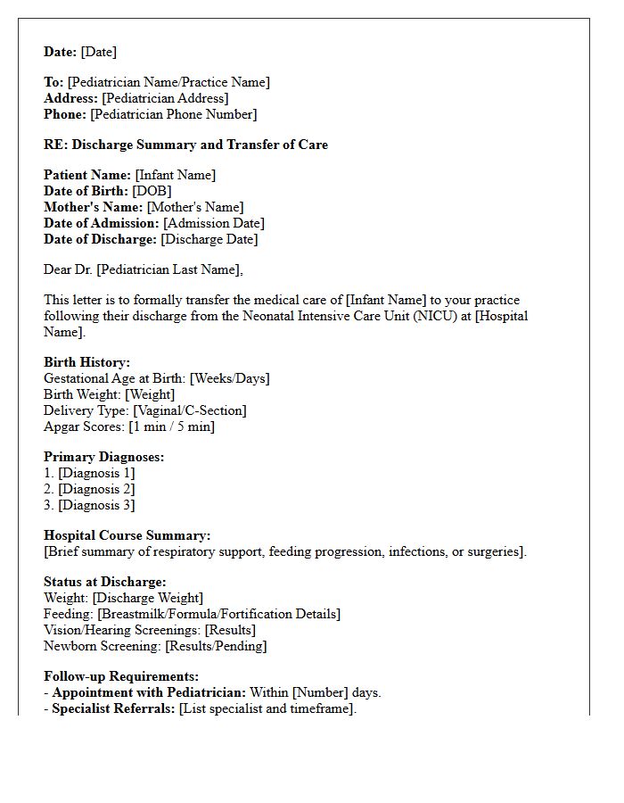 Medical Clinic Intake Neonatal Intensive Care Unit to Pediatrician Transfer Letter