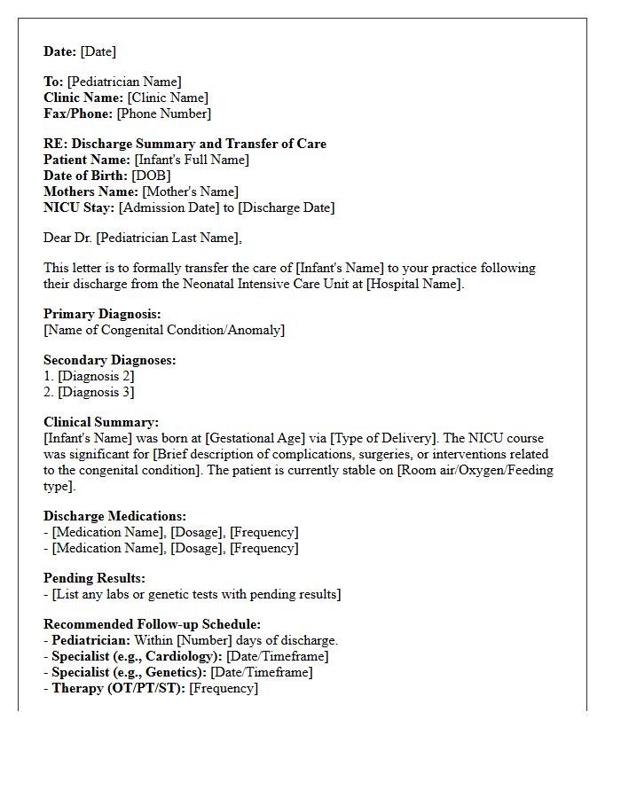 Congenital Condition Neonatal Intensive Care Unit to Pediatrician Transfer Letter