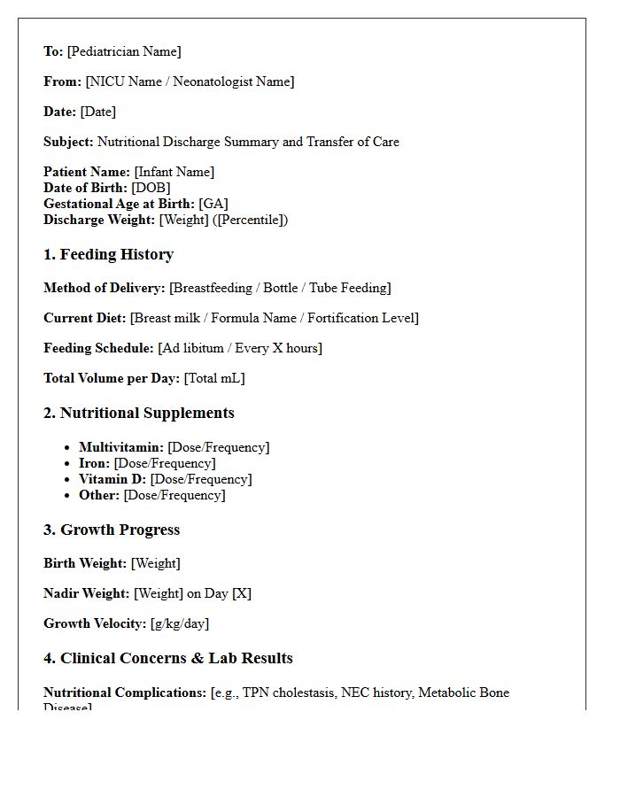 Nutritional Support Neonatal Intensive Care Unit to Pediatrician Transfer Letter