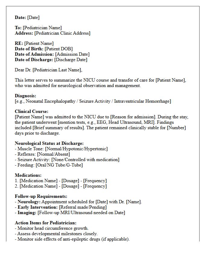 Neurological Observation Neonatal Intensive Care Unit to Pediatrician Transfer Letter