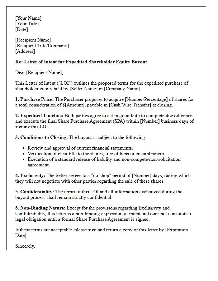 Letter Of Intent For Expedited Shareholder Equity Buyout