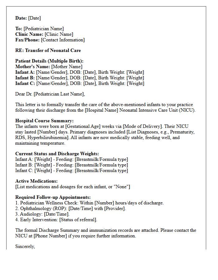 Multiple Birth Neonatal Intensive Care Unit to Pediatrician Transfer Letter