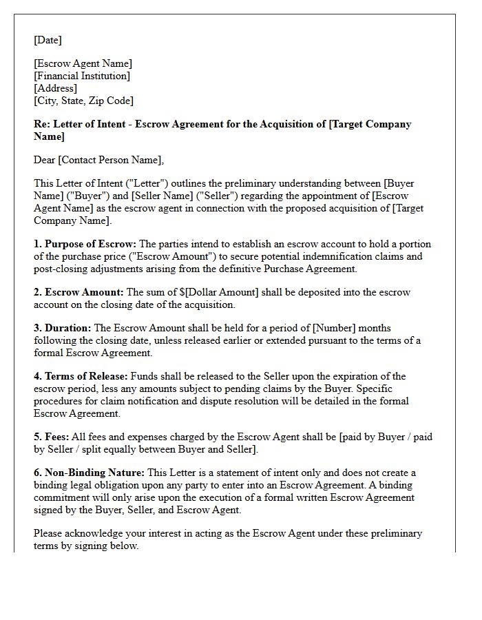 Letter Of Intent For Corporate Acquisition Escrow Agreement