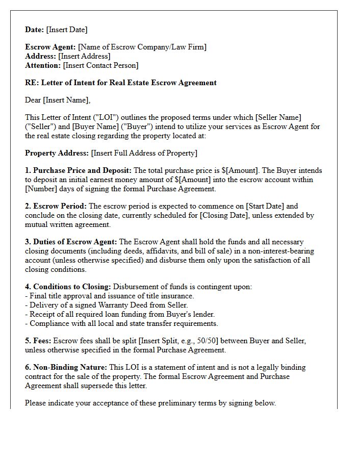 Real Estate Closing Escrow Agreement Letter Of Intent