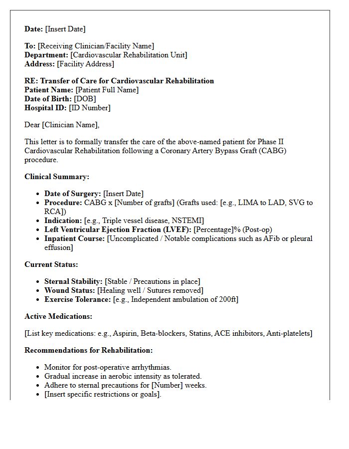 Post-Coronary Artery Bypass Graft Cardiovascular Rehabilitation Transfer of Care Letter