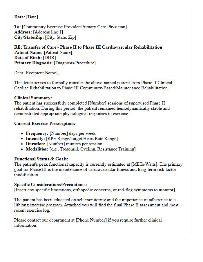 Phase Two to Phase Three Cardiovascular Rehabilitation Transfer of Care Letter