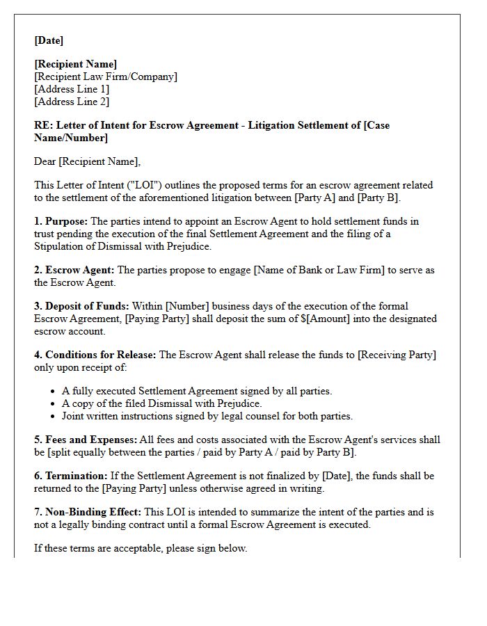 Letter Of Intent For Litigation Settlement Escrow Agreement